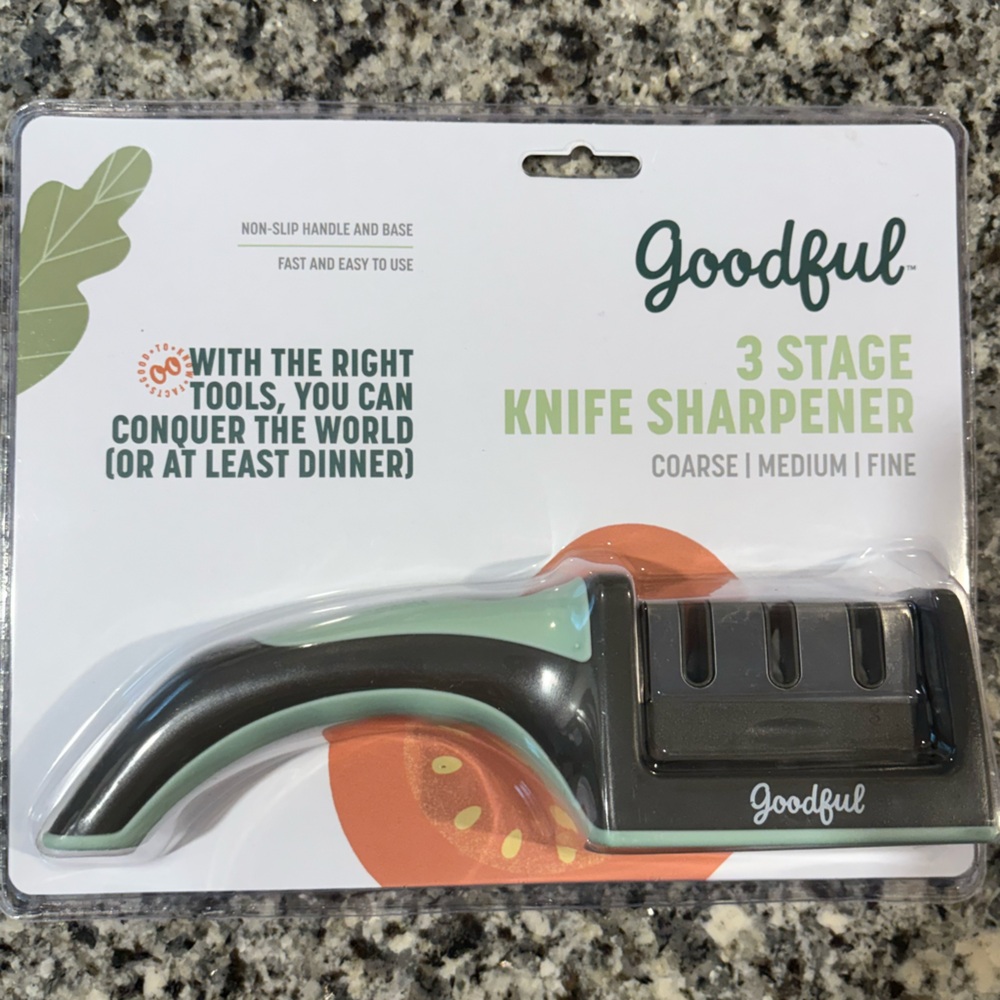 New in package- Goodful 3 stage knife sharpener, sage & charcoal gray